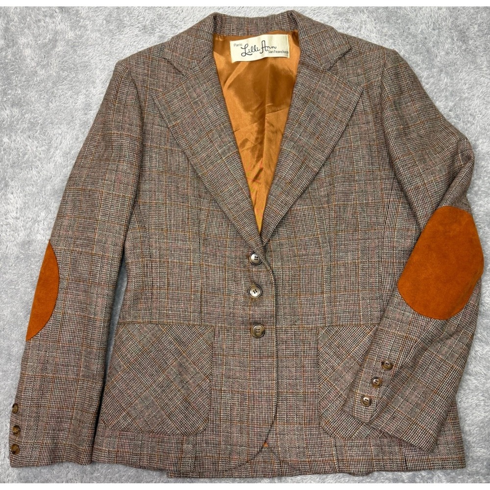 Vintage 60s Lilli Ann Blazer Womens M Brown Multicolor Plaid Suede Elbow Patches